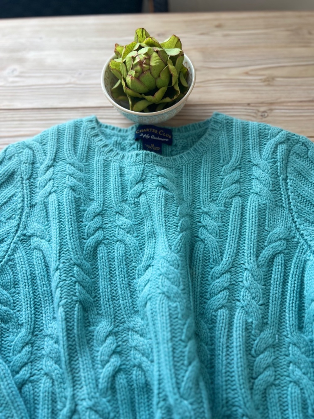 Aqua Cashmere Cable Knit Sweater – Coastal Spring Layer | Size M - Picture 2 of 4